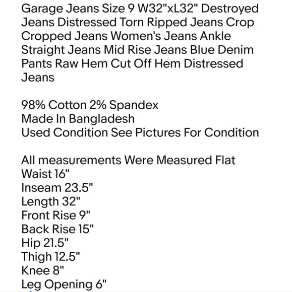 Garage Jeans Size 9 W32"xL32" Destroyed Jeans Distressed Torn Ripped Jeans Crop - Picture 2 of 9